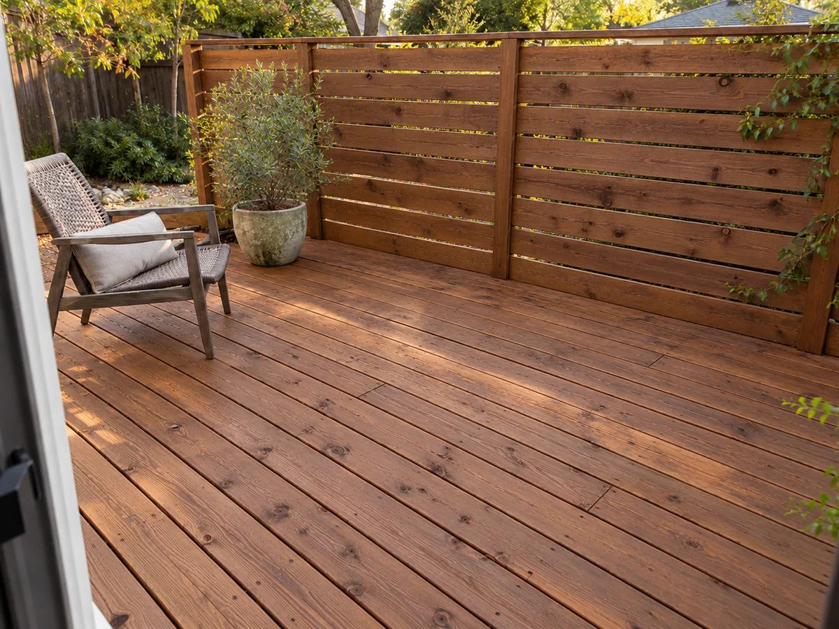 The same deck and fence cleaned and stained an even cedar brown with the grain showing, the same chair and potted tree in place