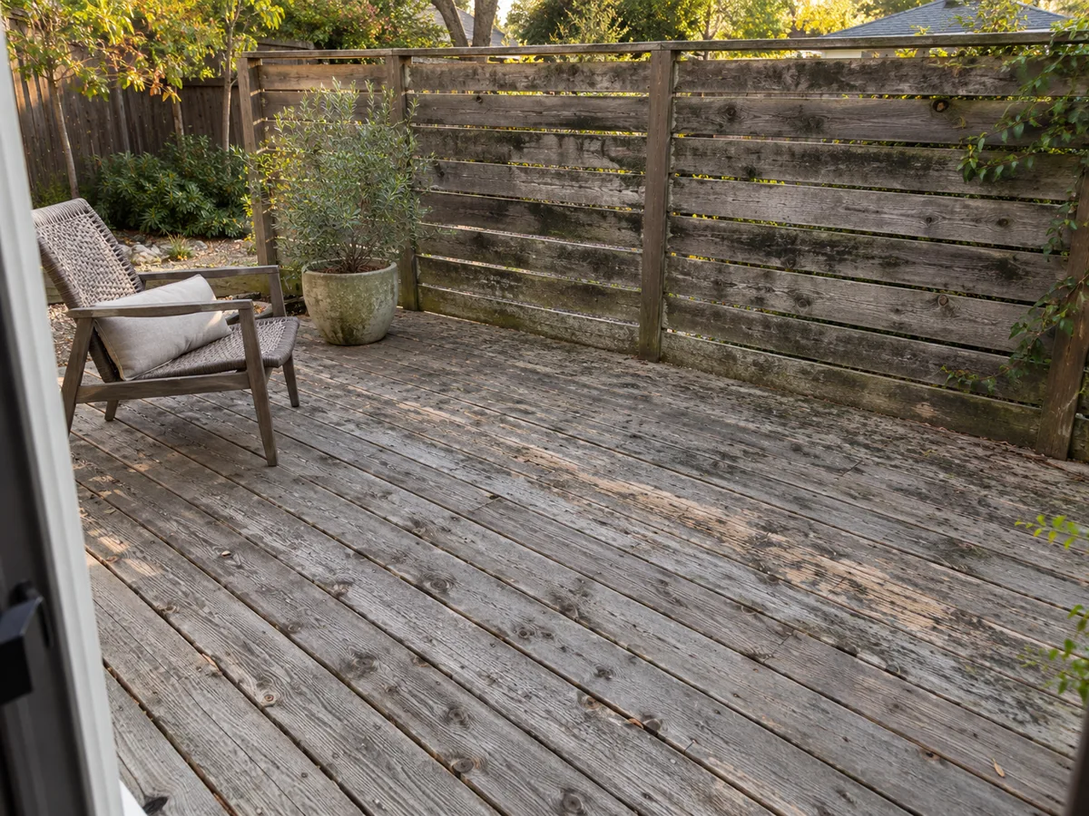 Backyard wood deck and horizontal slat fence, grey and weathered with dark mildew spots, a woven lounge chair and a potted olive tree on the boards