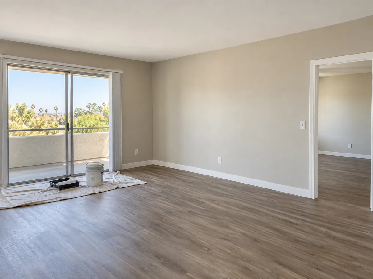 Empty apartment living room with freshly painted greige walls, white baseboards and a wood-look plank floor, a paint bucket and roller tray on a drop cloth by the sliding door to a balcony.