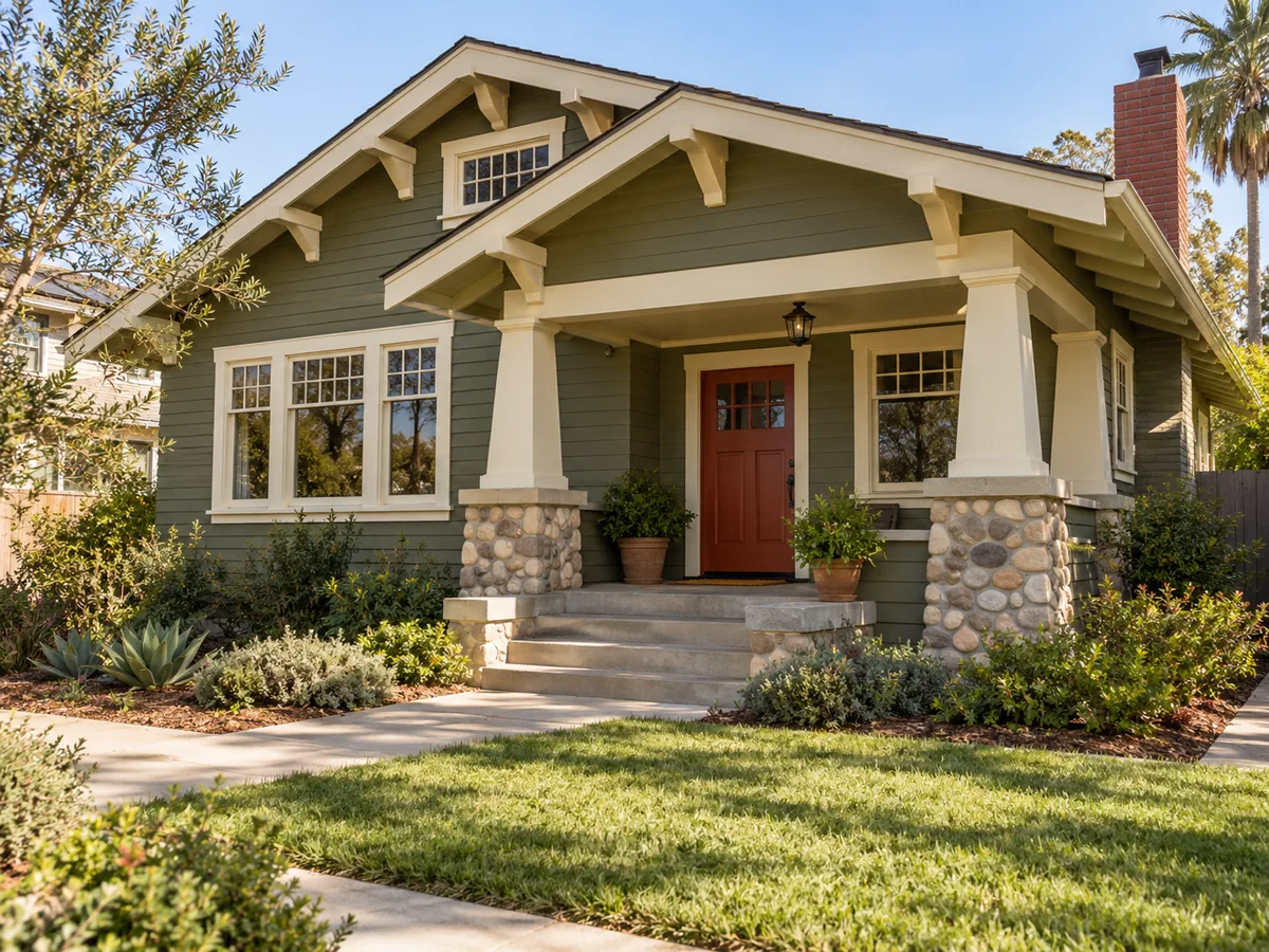 Craftsman bungalow painted olive green with cream trim and brackets, a red front door, tapered porch columns on river-stone piers, a brick chimney and a front lawn.