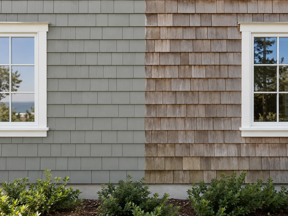 Cedar shingle wall split down the middle, the left half painted sage grey and the right half still weathered bare cedar, white-trimmed windows on each side.