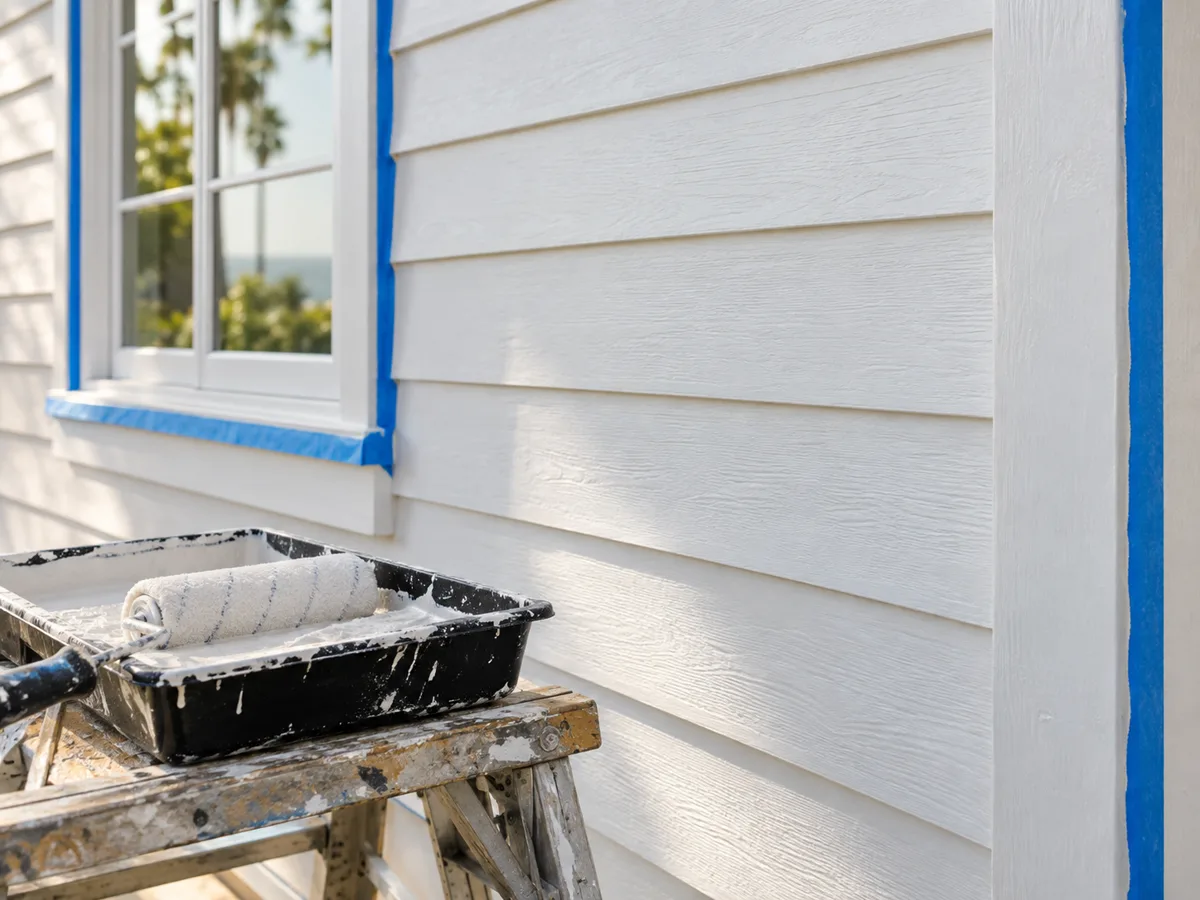 White lap siding with blue masking tape along the window and corner trim, and a paint tray with a loaded roller resting on a paint-spattered sawhorse.