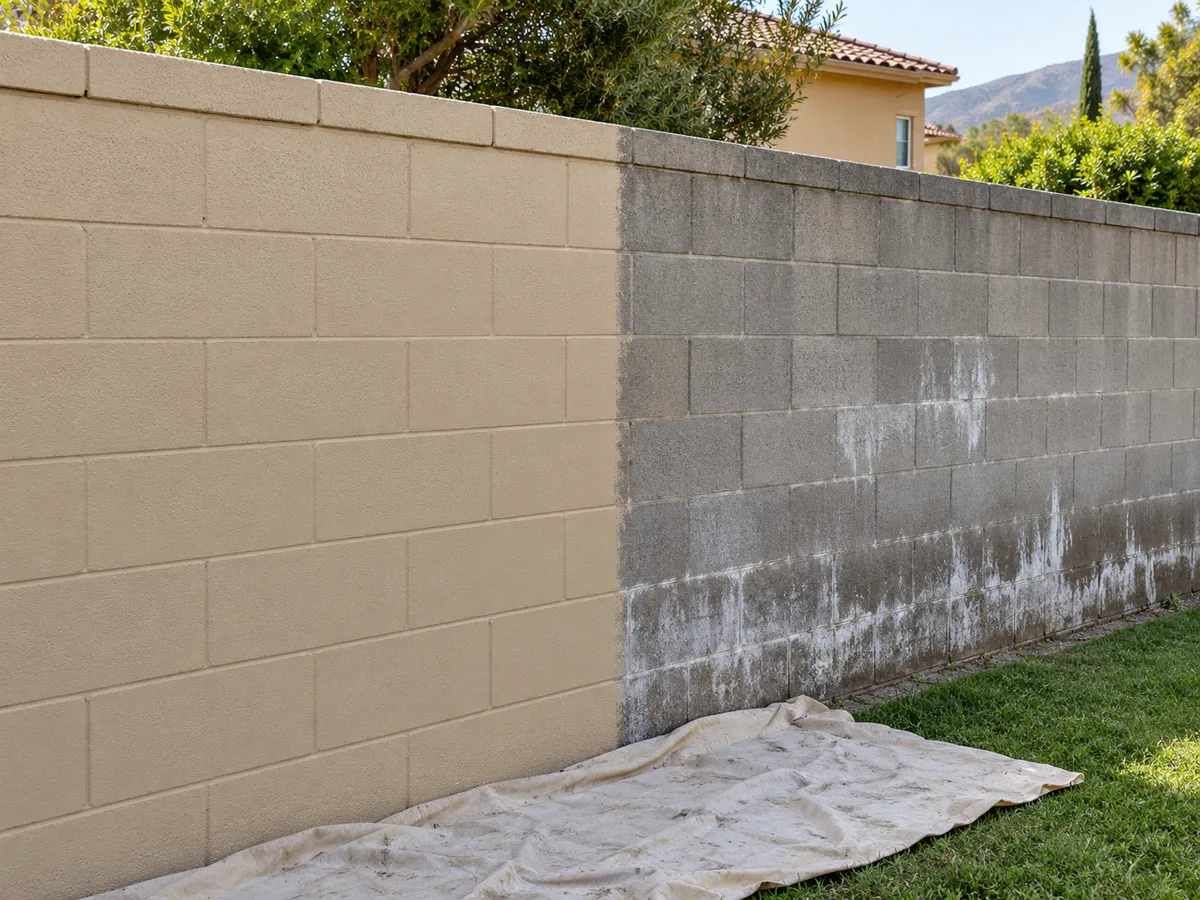 A backyard concrete block wall painted warm beige on the left and bare gray block with white mineral staining near the base on the right, with a drop cloth on the grass