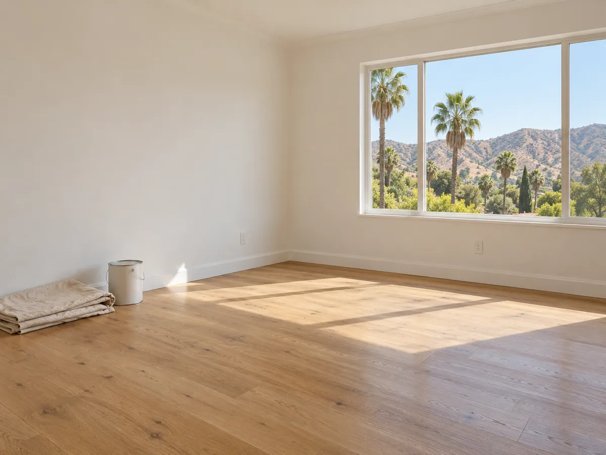 An empty living room with freshly painted warm white walls and an oak floor, a paint can and folded drop cloth by the wall, and a large window onto palm trees and dry hills
