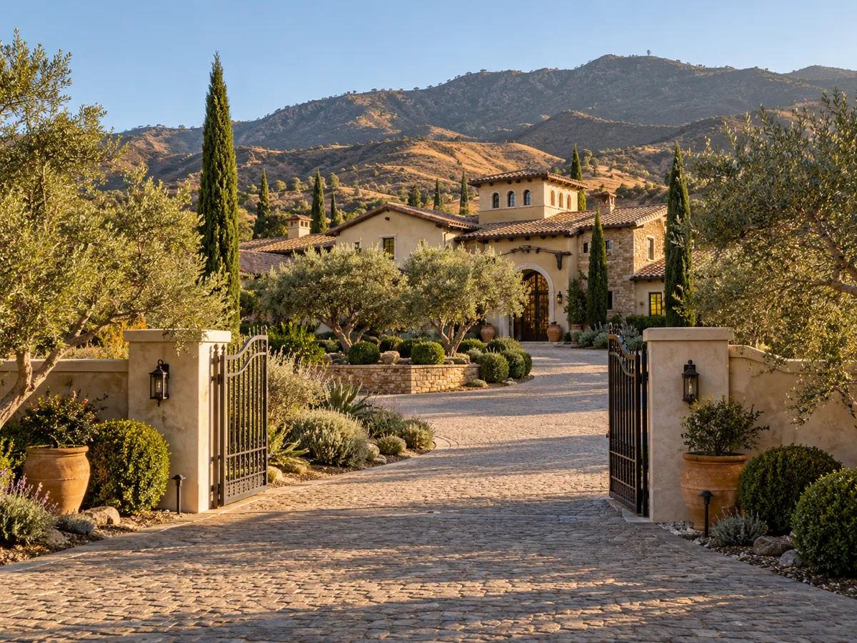 A Spanish-style estate with a tile roof and stone accents seen through open iron gates over a paver drive, framed by olive trees, cypress and dry hills