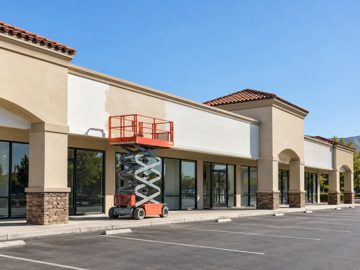 A single-story stucco shopping center with glass storefronts and a tile roof element, an orange scissor lift raised at the facade where part of the wall is freshly painted white