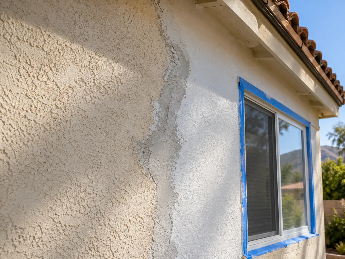 Close view of a textured cream stucco wall with a patched crack repair beside fresh white paint, blue painter's tape around a window and a clay tile roof edge above
