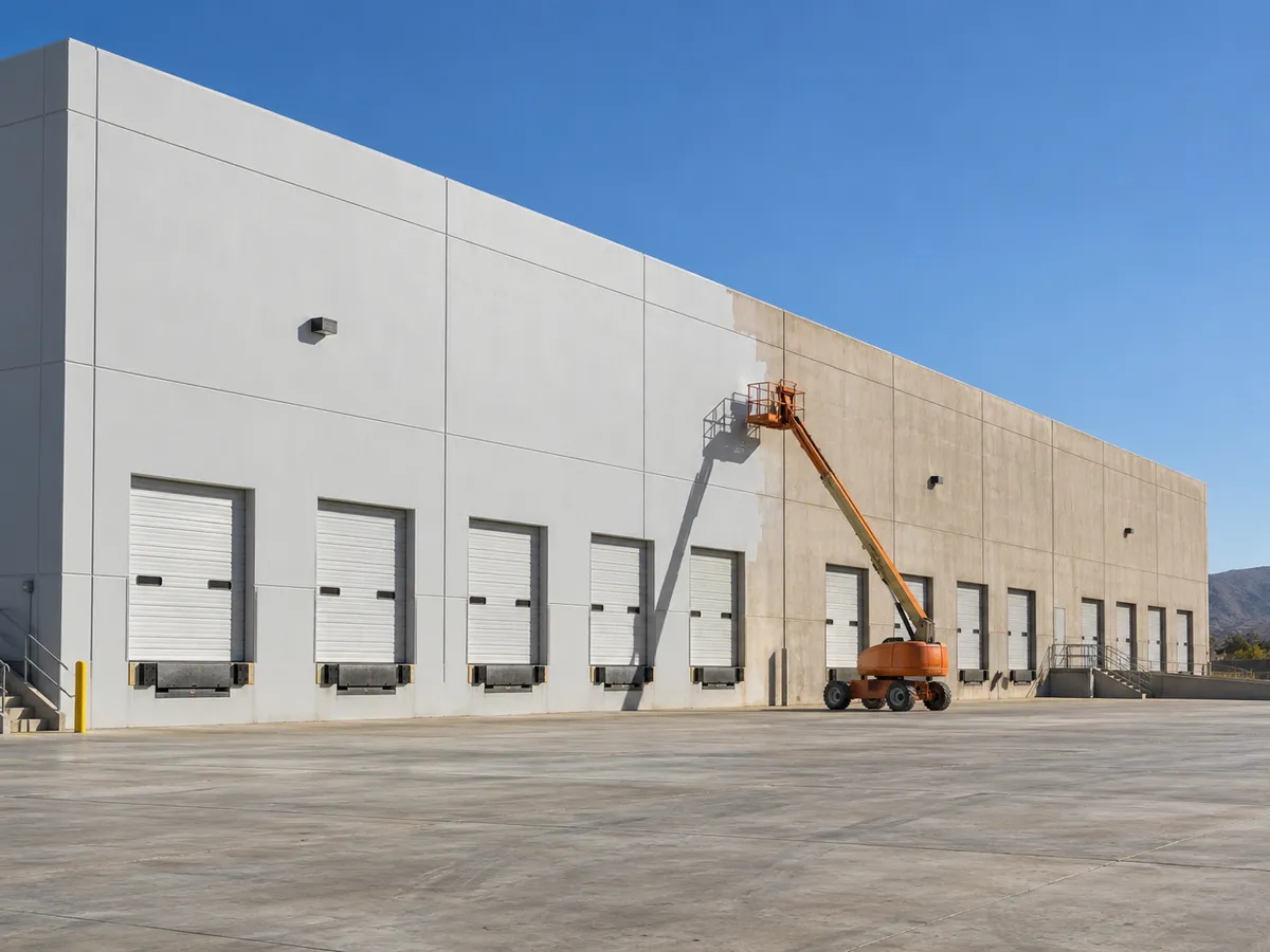 A large concrete tilt-up warehouse with a row of white dock doors, an orange boom lift against the wall, the left panels freshly painted light gray and the right still faded tan